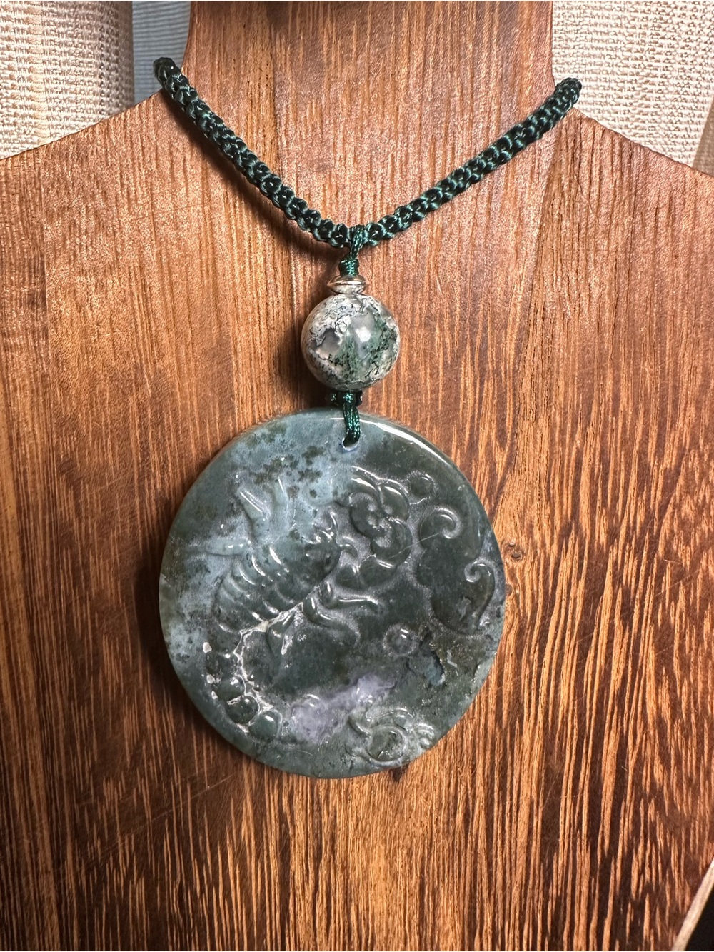 Moss Agate Scorpion Pendant Necklace on Green Rope - Picture 9 of 13